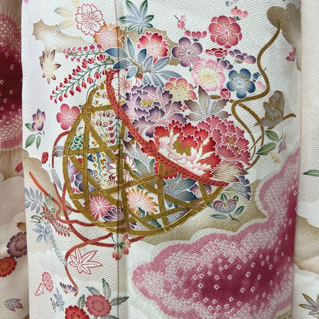 446 振袖フルセット 正絹 岩田専太郎 金彩 駒刺繍 絞り クリーム 青 紫