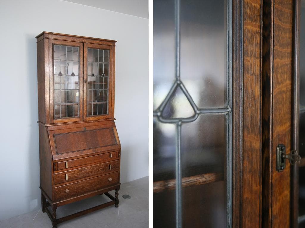 英国アンティーク木製ブックケースビューロー/ライティングデスク/机