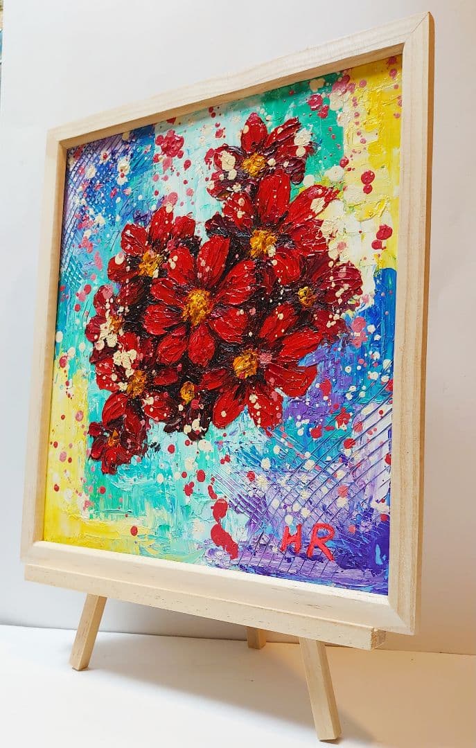 油絵 絵画【赤いコスモス】