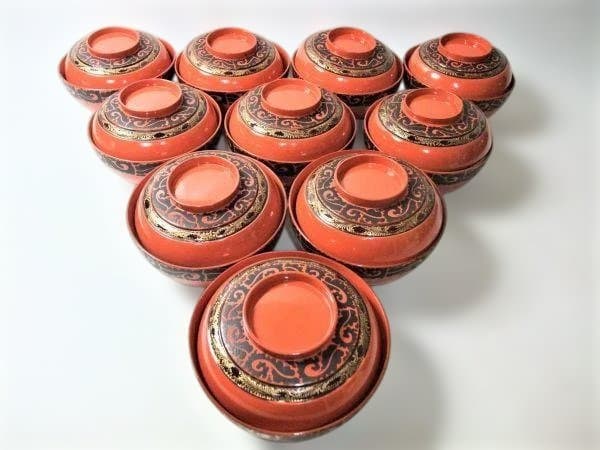 洗朱 吸物椀 10客 昭和18年 漆器 椀 10個セット オレンジと黒の装飾