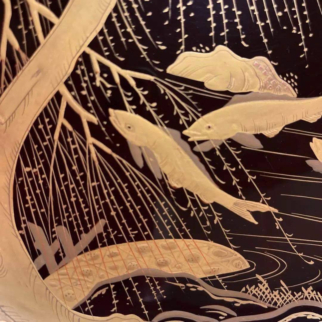 A1036 木製輪島塗　柳に鮎　金縁　蒔絵　高月　高杯　　1基（供箱付）