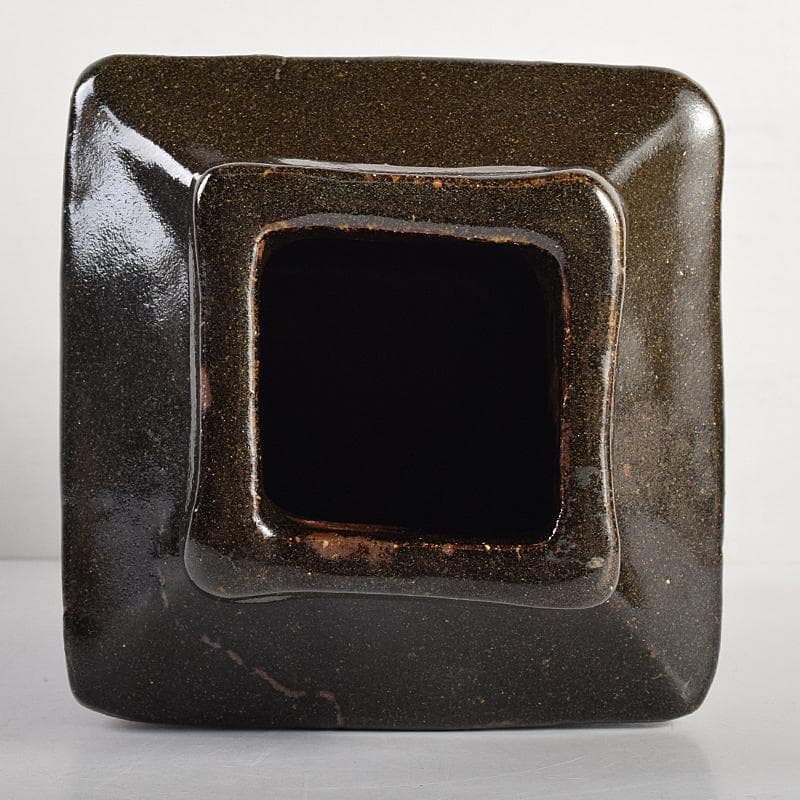 人間国宝 濱田庄司作 益子焼 鉄釉 四方花生 共布共箱 M R8832B