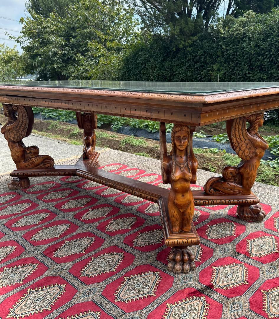 女神彫刻×ライオン脚 高級ダイニングテーブル 幅192cm アンティーク調