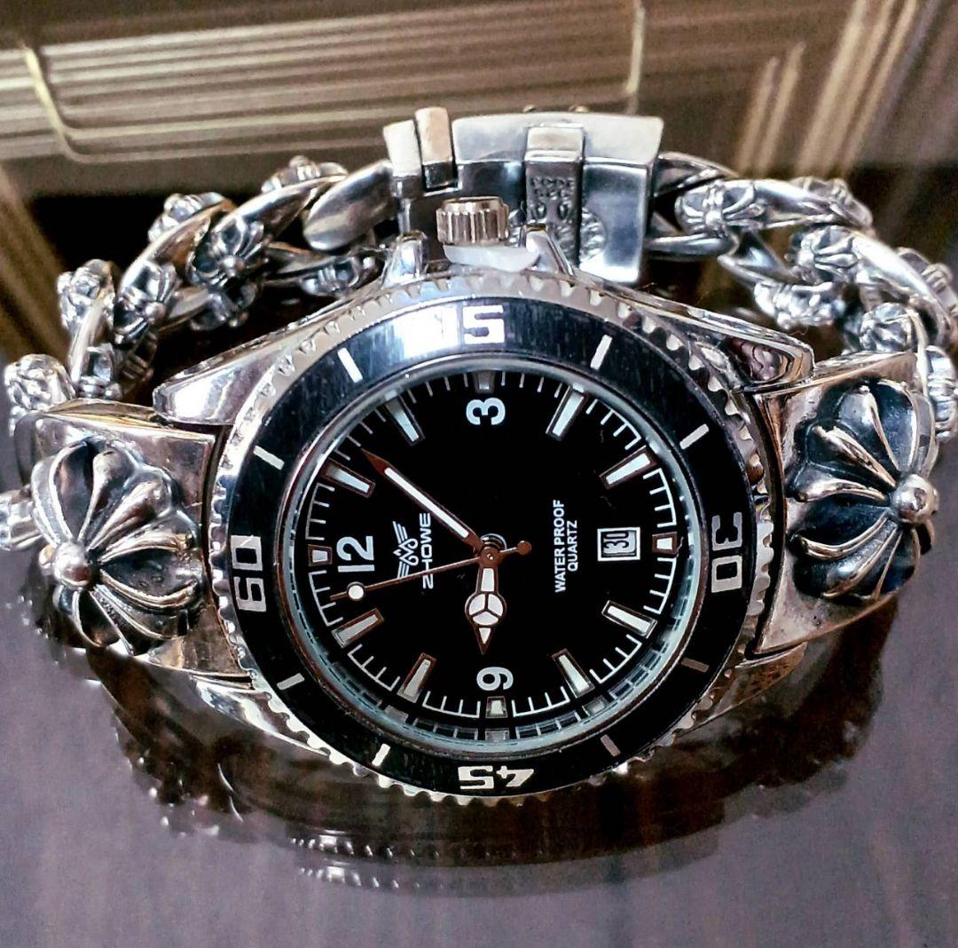 ZHOWE 黒サブ系 プラスクロス IDブレスレット 腕時計 チェーンブレス