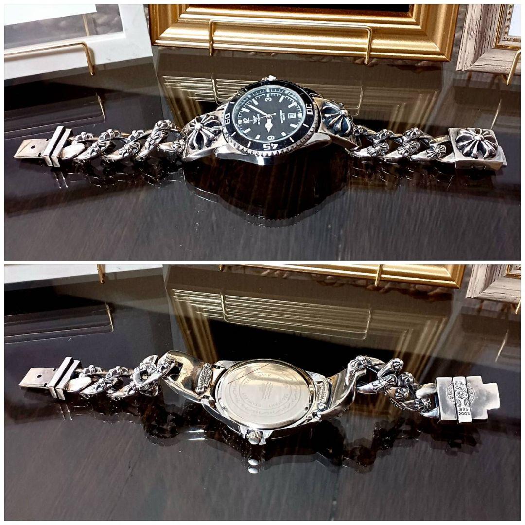 ZHOWE 黒サブ系 プラスクロス IDブレスレット 腕時計 チェーンブレス