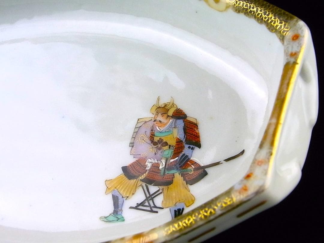 E399 】 超名品明治期瀬戸焼上手作品川本桝吉作品超細密武士文舟形皿