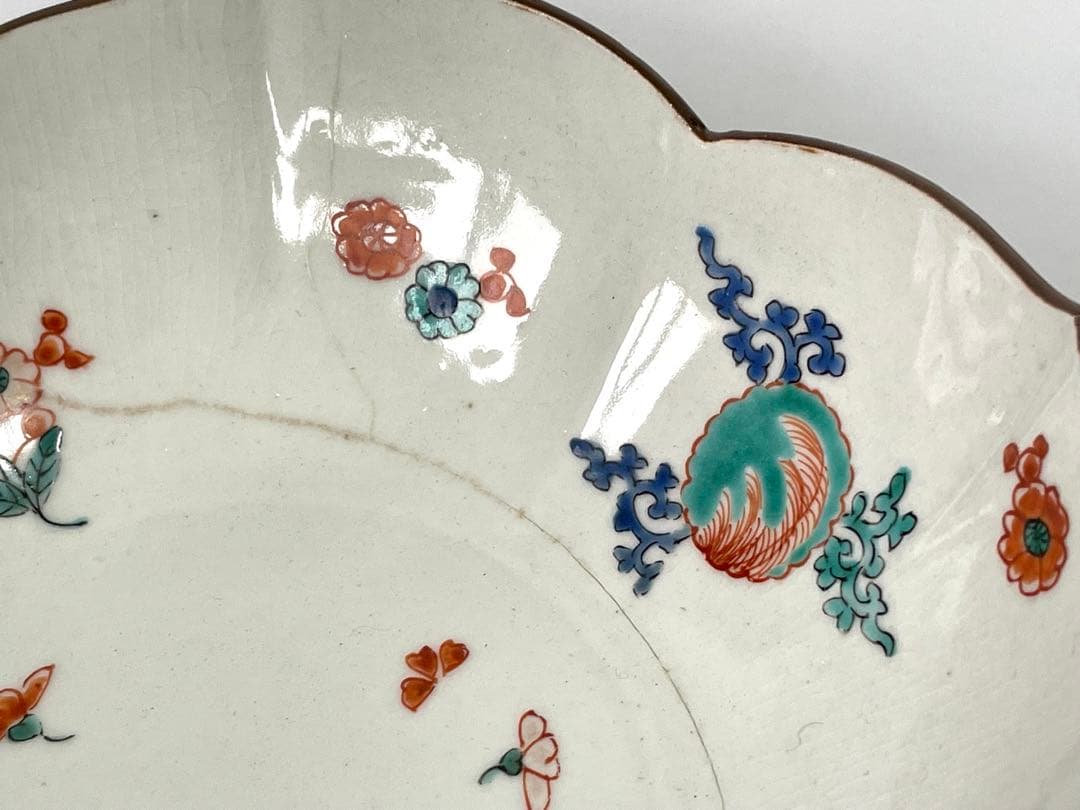 骨董 アンティーク 色絵 柿右衛門 花文様 鞠 輪花縁 鉢 菓子鉢