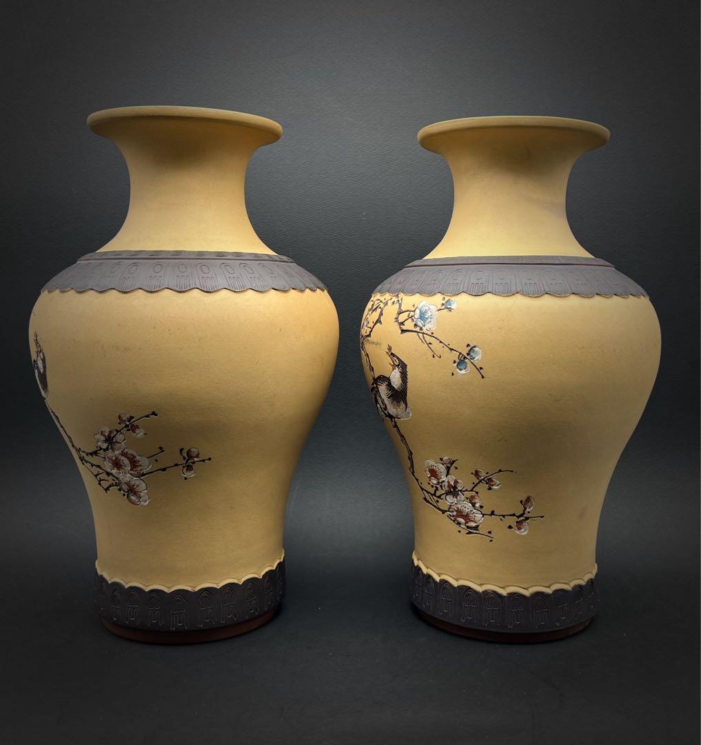 中国美術 中国古玩 中国宜興紫砂 花鳥紋樣花瓶2点