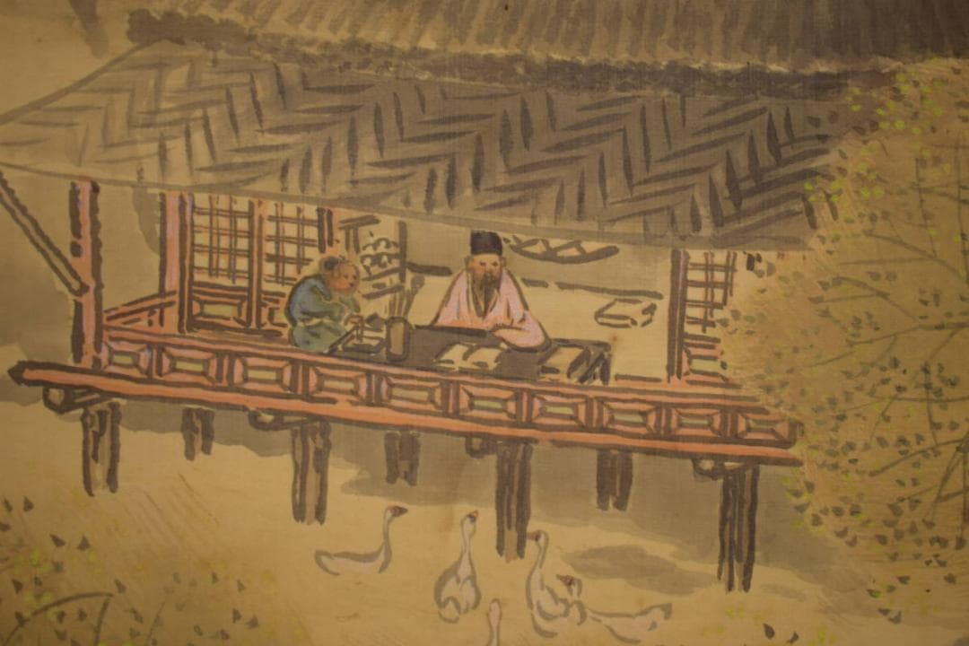 真作/秀耕/山水人物図/山水家鴨図/絹表装/布袋屋掛軸HI-897