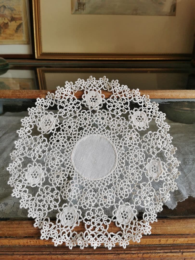 アンティーク アイリッシュリネン クロシェ編み花モチーフ ドイリー
