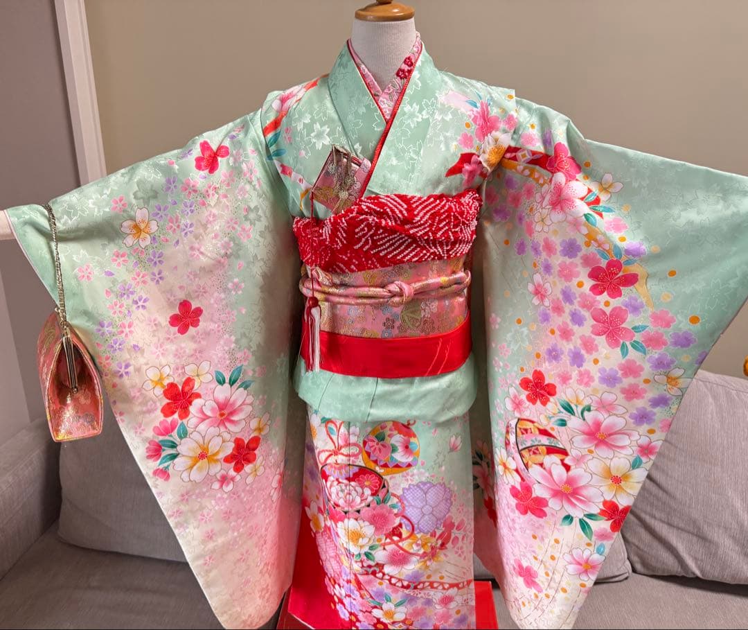 7歳七五三　セット　グリーン系着物