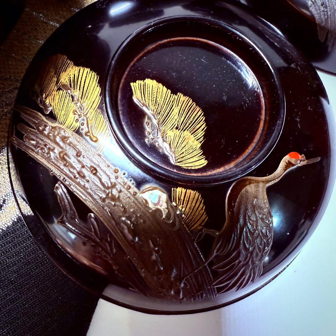 漆器 輪島塗 沈金 螺鈿 松鶴文 木製 蓋付椀 お煮物椀 吸物椀