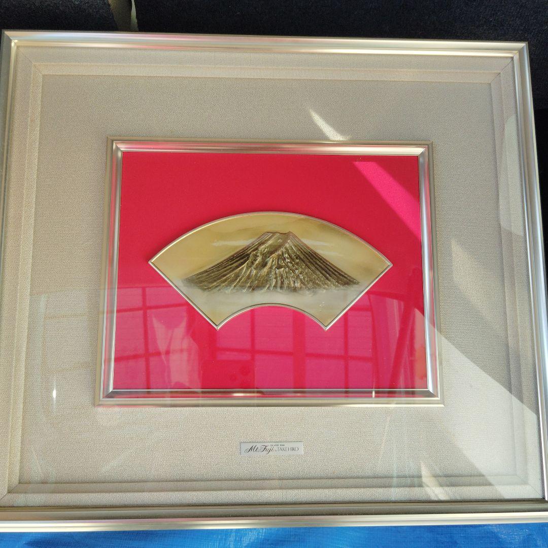 タケヒコ　純銀、扇面赤富士レリーフ