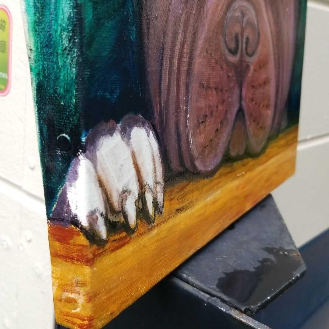 油絵 専用 窓からパパを見送る犬