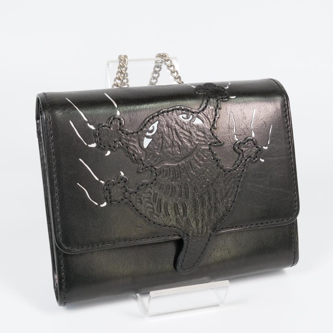 良品✨ わちふぃーるど ダヤン 本革 二つ折り財布 ブラック 刺繍 チェーン付