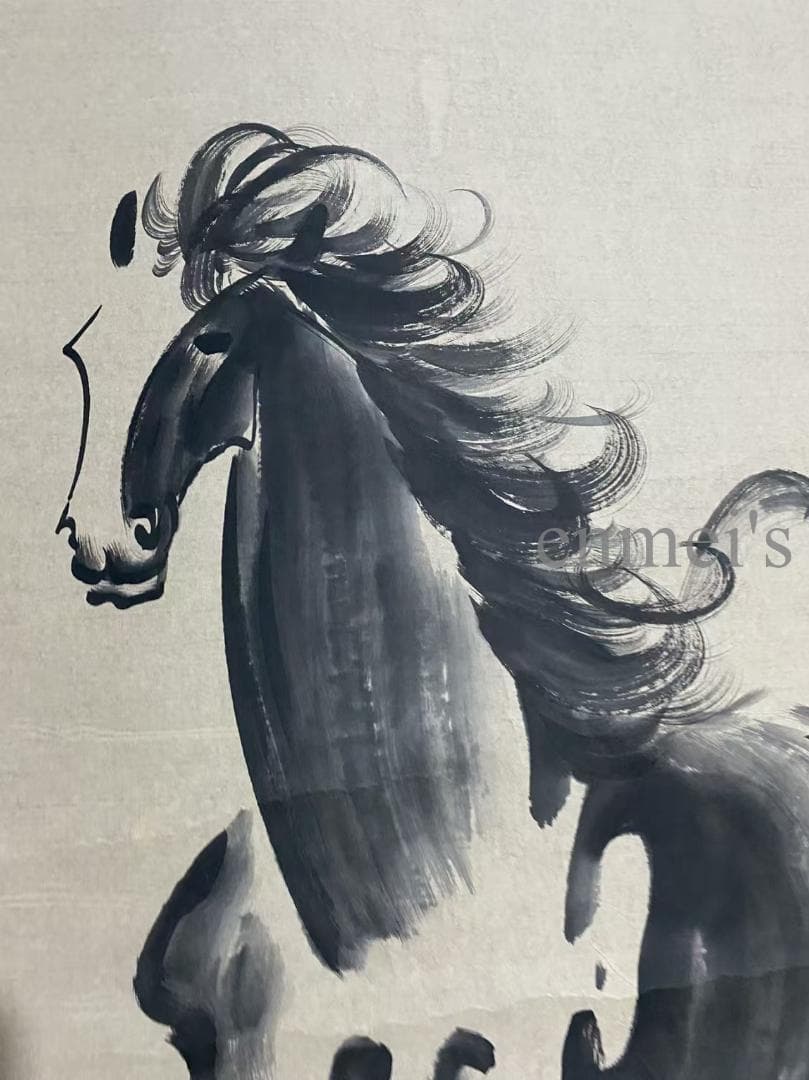 中国古美術 近代 徐悲鴻款 神馳画 掛け軸 宣紙 唐物 書画 馬の水墨画