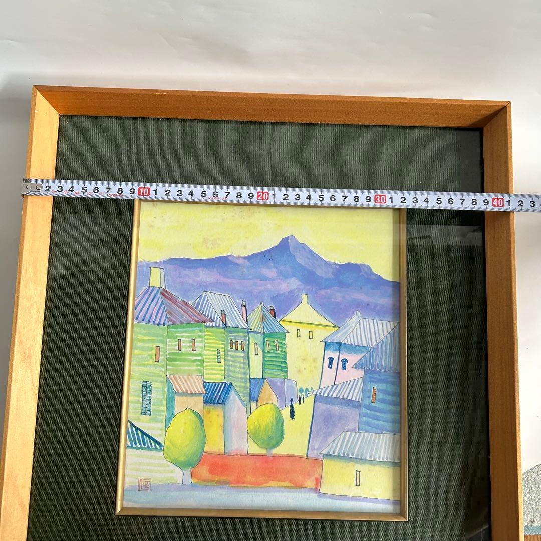 在銘 水彩画 街並みと山の風景
