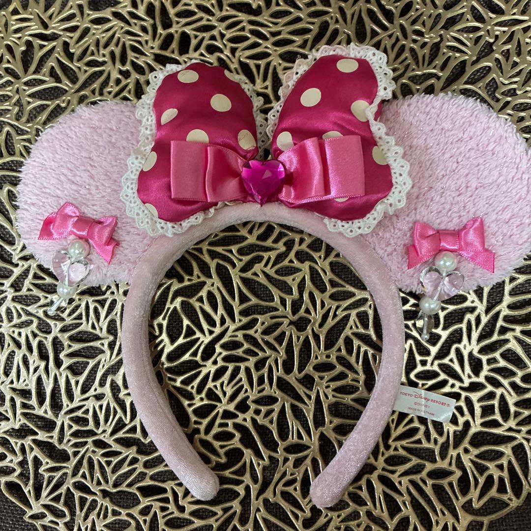 ディズニー ミニー カチューシャ ピンク ドット リボン イヤリング付き