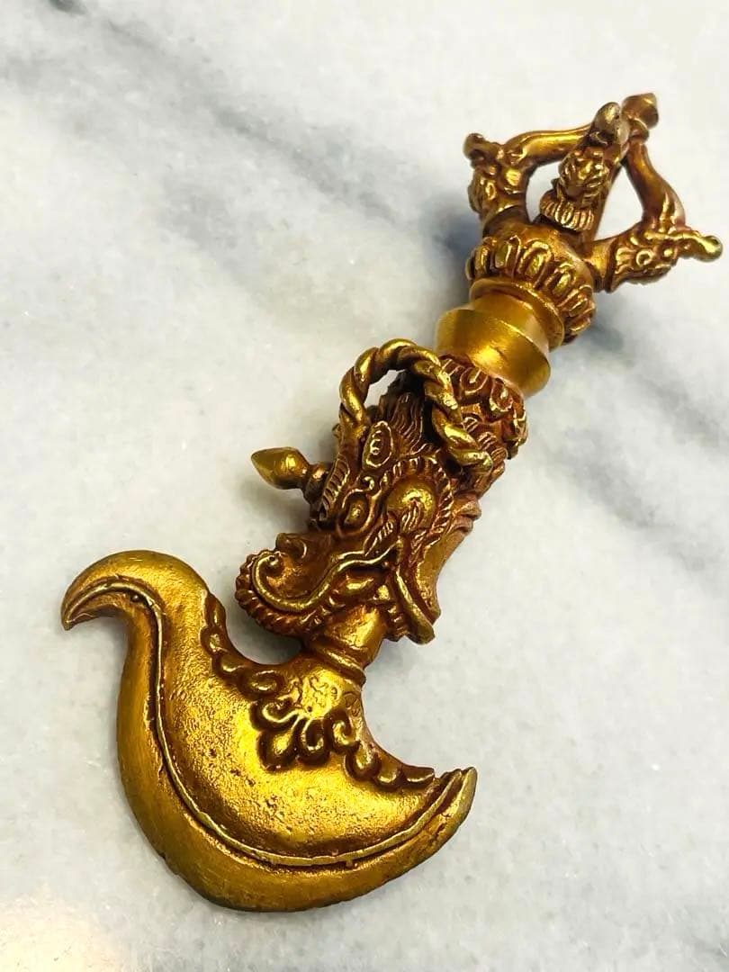 チベット密教　新品 カルタリ刀 10センチ 金メッキ　龍　金剛杵 683
