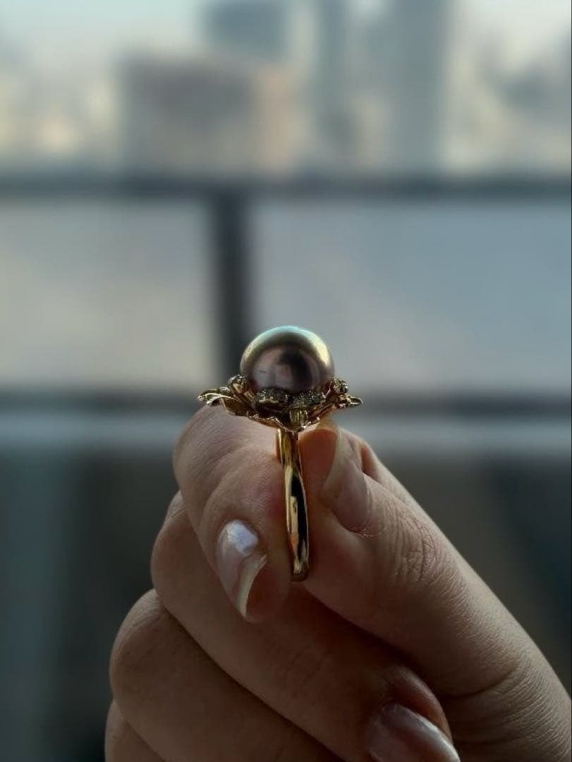 【極光13mm】エジソンパール リング カフェゴールド 18K鍍金 華やか