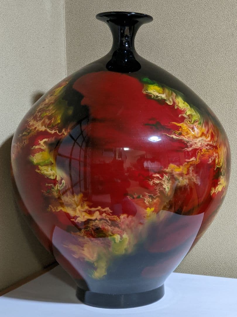 ♦九谷焼 佐野慧成作 炎舞 大花瓶 置物飾り ディスプレイ 昭和時代 骨董品