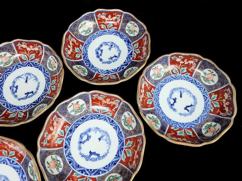 古伊万里　色絵　桃に花の図　膾皿　５客　N1556AS-CAw