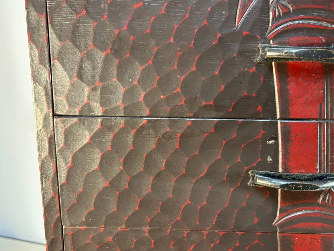 昭和レトロ 鎌倉彫り 竹彫刻の木製 小タンス 漆塗り 10段引き出し