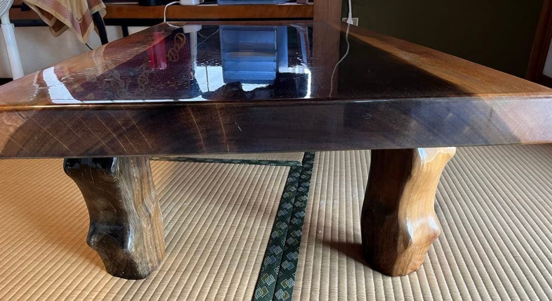 カリン材　花梨　一枚板　和テーブル　塗装済　脚取り外し可　送料込み