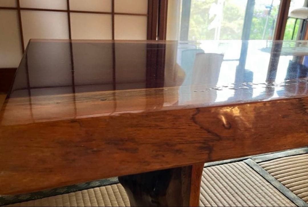 カリン材　花梨　一枚板　和テーブル　塗装済　脚取り外し可　送料込み