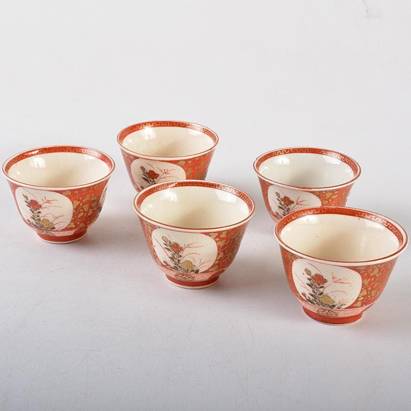 九谷焼 古九谷焼 赤絵金彩 山水人物花文 煎茶碗 五客 時代箱付