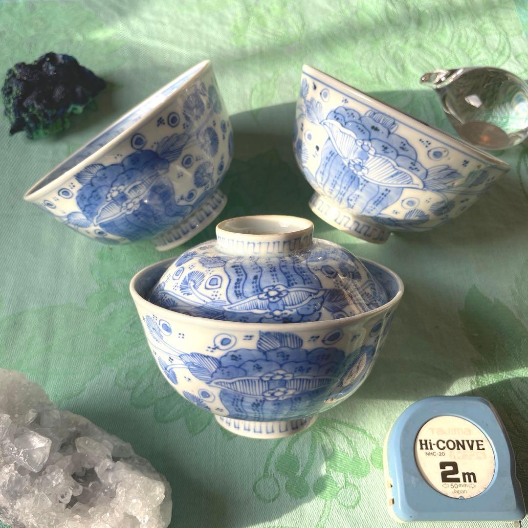 江戸時代 古伊万里 染付 孔雀 蓋付ご飯茶碗 3客