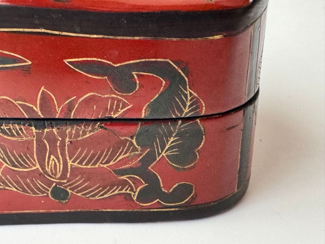 アンティーク 骨董 漆器 香合 青白磁 花柄 蟹デザイン 小物入れ