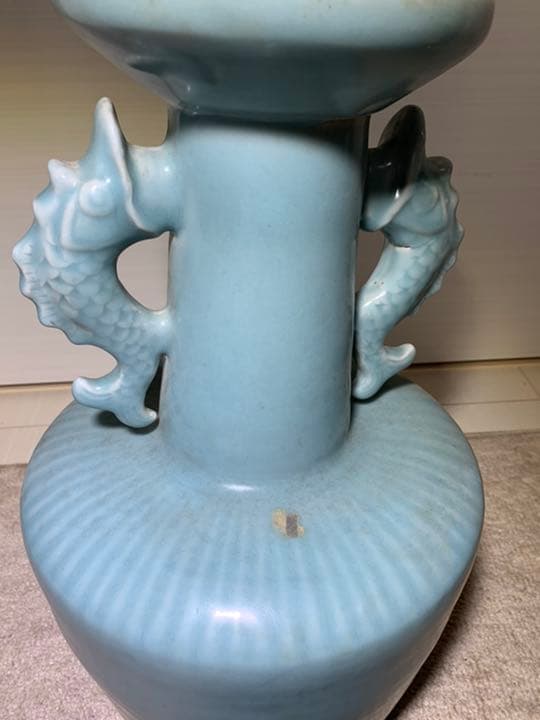 中国古美術/南宋青釉雙魚龍耳花瓶/倉庫整理品