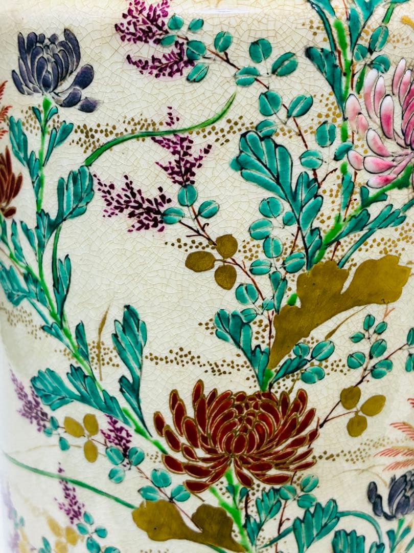 明治 薩摩焼 京薩摩 9代帯山与兵衛 上絵金彩色絵草花文象耳付花瓶