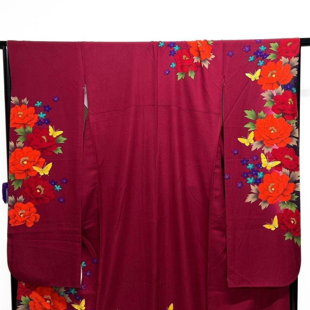 振袖 金彩 牡丹 花模様 蝶 ワインレッド 成人式 晴れの日 着物 052a p