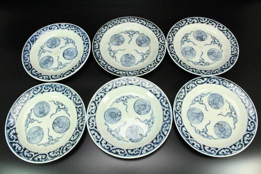 古伊万里 唐草丸散紋 皿 六件 φ16.5cm 旧家蔵出