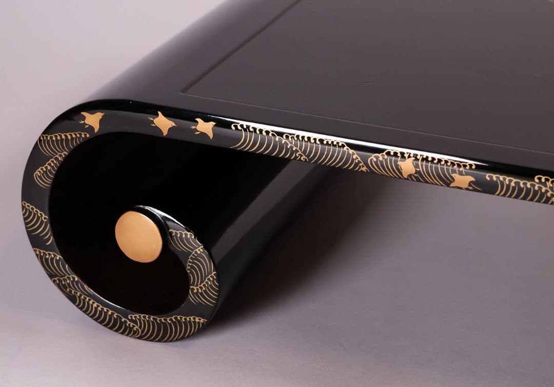 漆芸 紅葉桜 波千鳥 蒔絵 巻足 平卓 花台 黒塗 梨地 木製 楓【MA939】