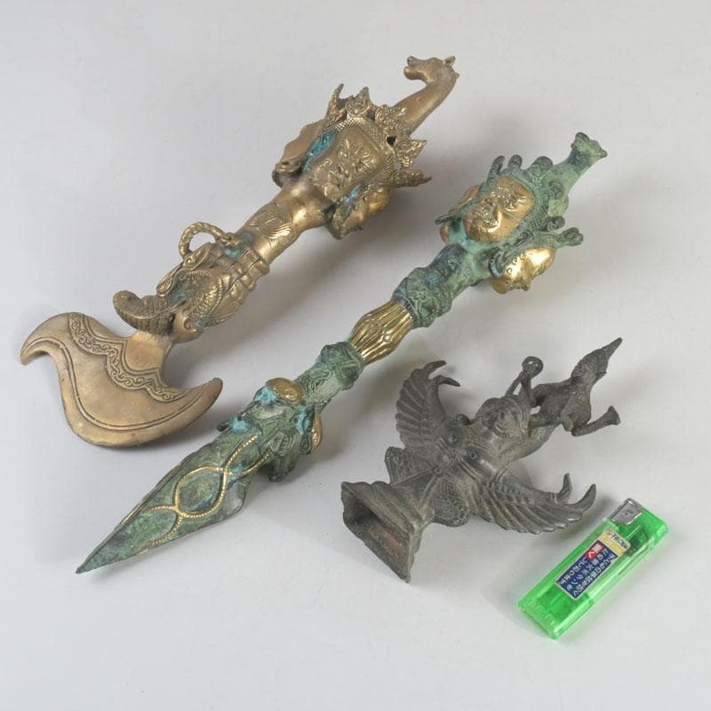 チベット密教法具 古銅鍍金 馬頭観音 金剛杵 独鈷杵など 3点 C