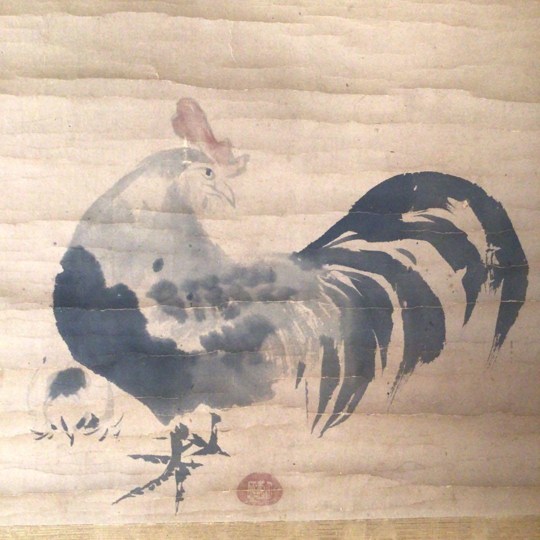 No3362 掛軸 狩野安信 鶏図 紙本 合箱 日本画 古美術 時代 送料無料