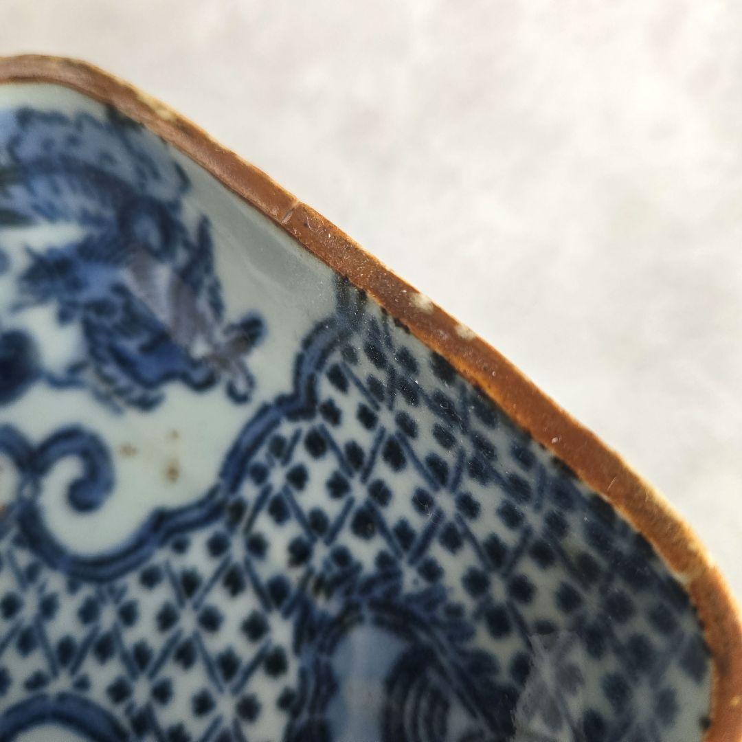 古伊万里　染付　変形皿　型紙摺　印判　龍　骨董　アンティーク　金直し　金継ぎ