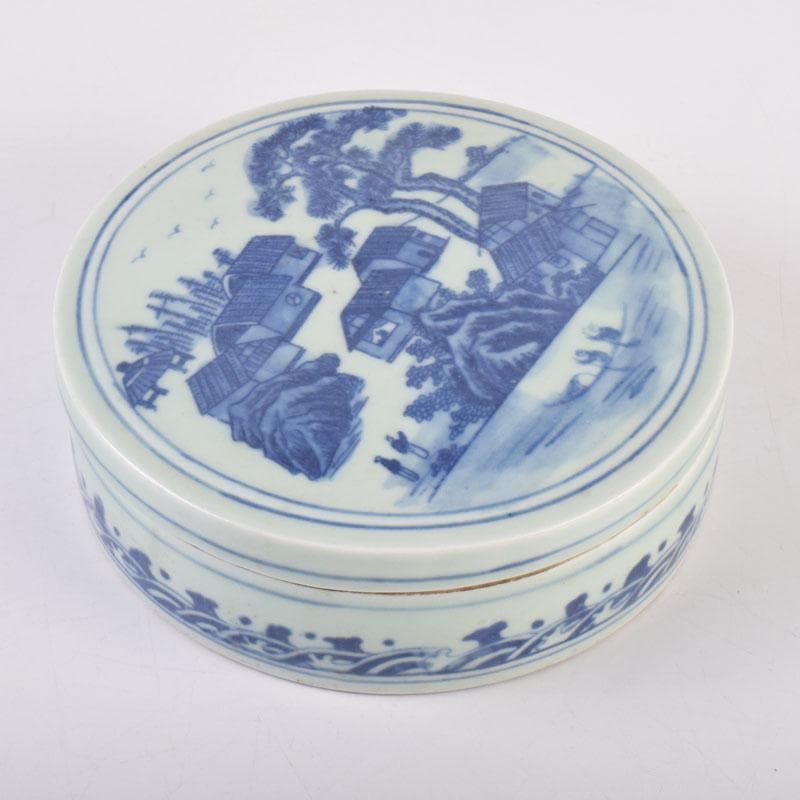 中国 書道具 青花 山水文 式陶硯 V 8477