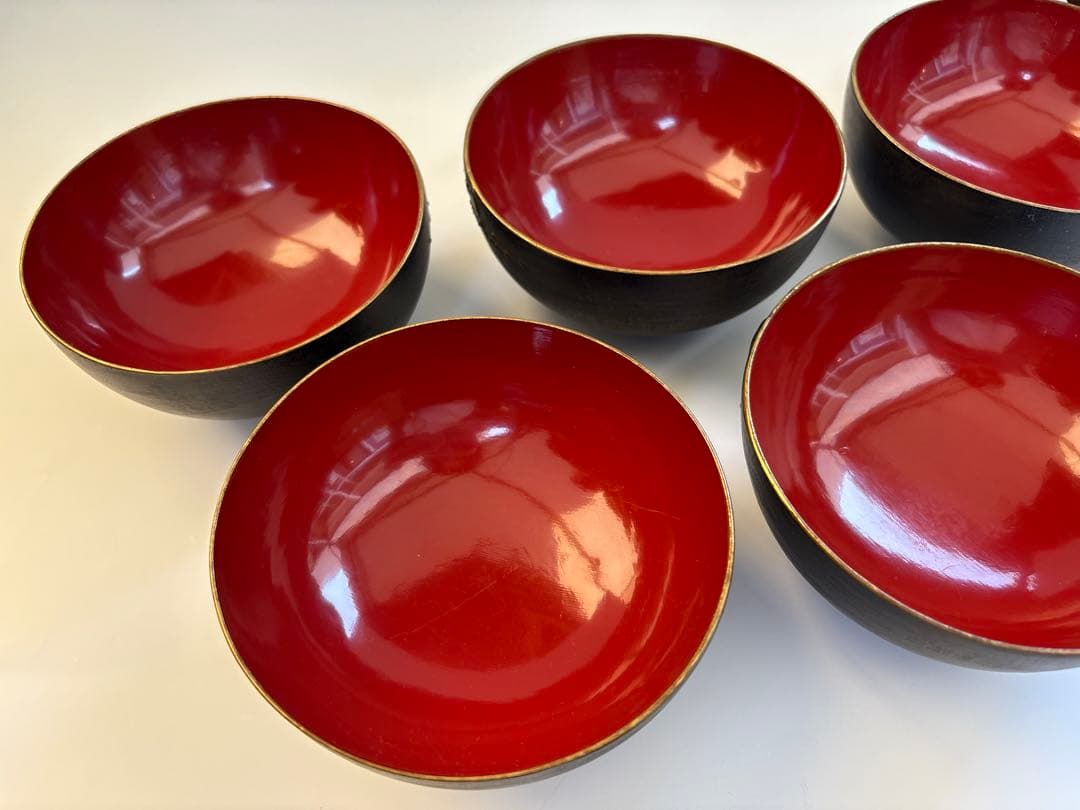 明治、大正期　会津塗　鉄錆塗　蒔絵　富士山　木製　蓋付き　お椀　梅鶯　内朱　5客