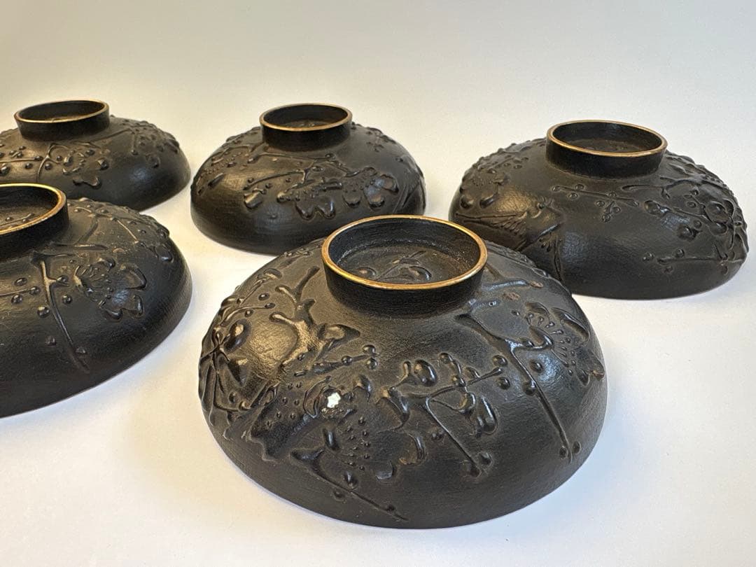 明治、大正期　会津塗　鉄錆塗　蒔絵　富士山　木製　蓋付き　お椀　梅鶯　内朱　5客