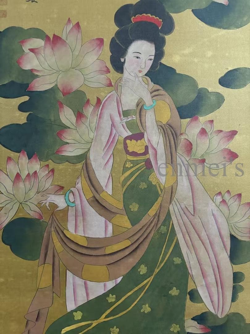 中国古美術・字画三尺仕女人物掛軸・水彩画・唐寅印款・書道品・絹本