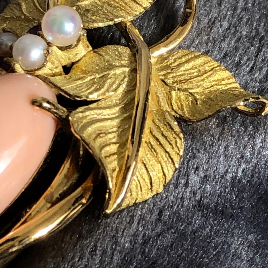 綺麗！★ 金無垢 K18 15.3g 珊瑚 パール ダイヤ ルビー ブローチ