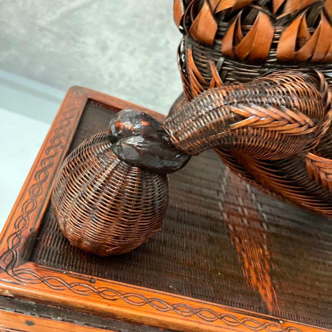ヴィンテージ 上海手工芸品 籐製 フーフードッグ 獅子 犬 バスケット