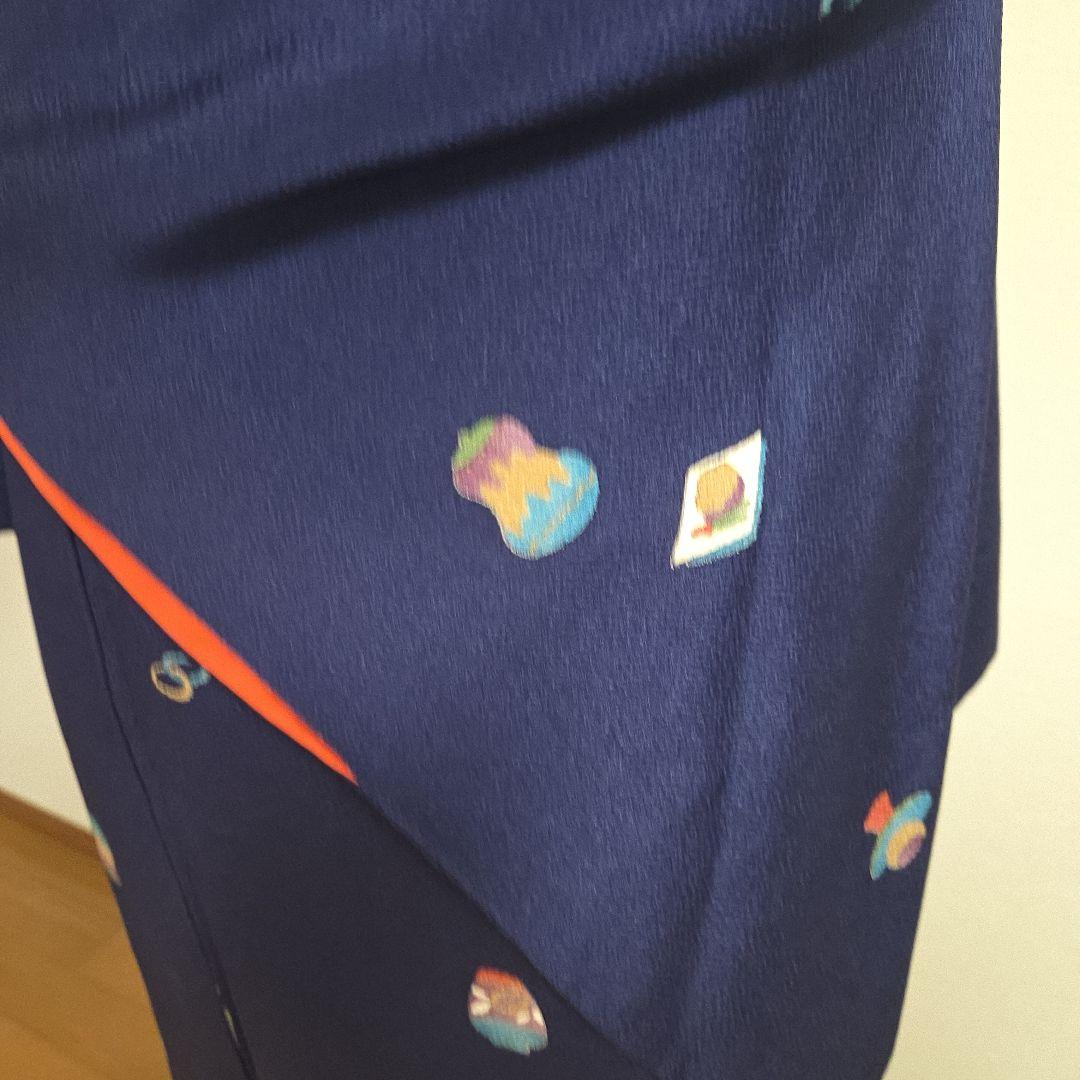 古代ちりめん小紋 紺地 茶道具飛び柄 6611