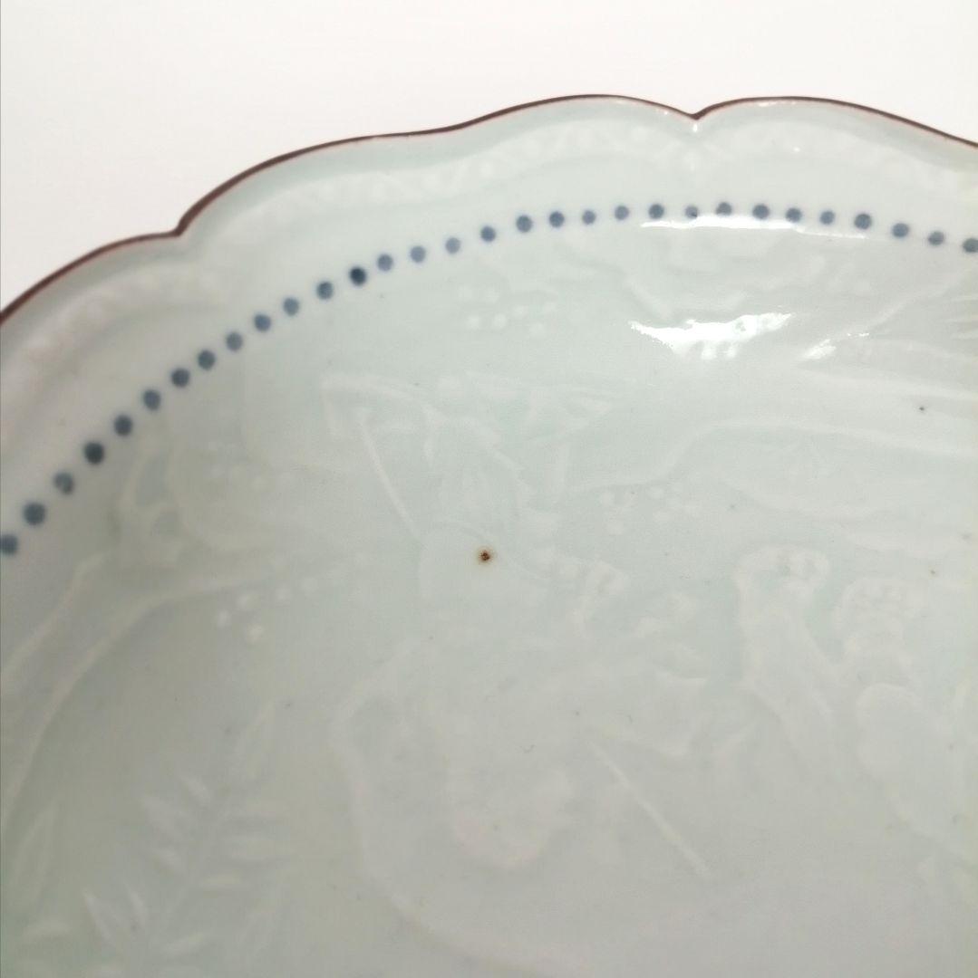 古伊万里　漢詩　象図　陽刻染付　輪花皿