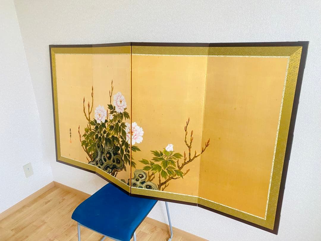 日本画 花と岩の屏風 160cm x 90cm