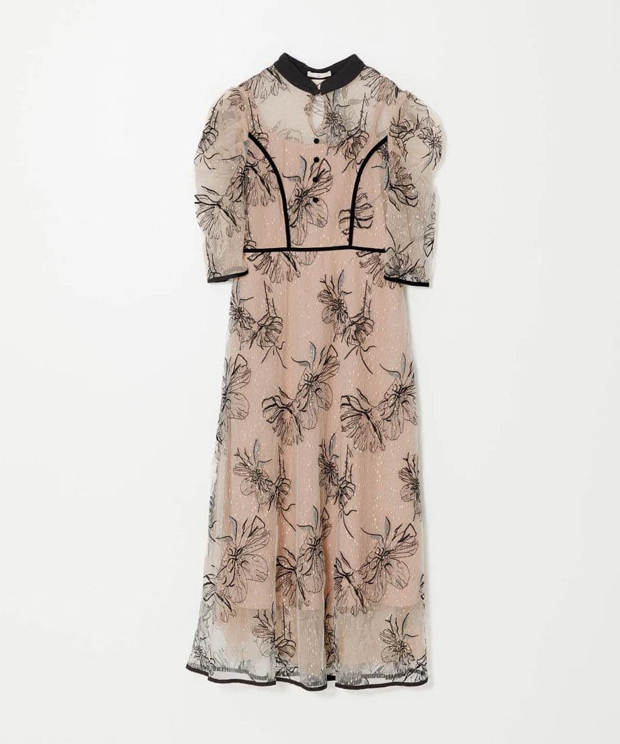 【leja】パイピングハイネック花柄ラメレースワンピースドレス